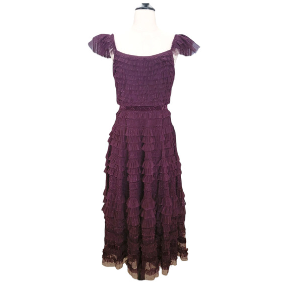 Mac Duggal 8054 Amethyst Purple Ruffle Tiered Cap Sleeve Midi Gown Dress 4 - Picture 2 of 16